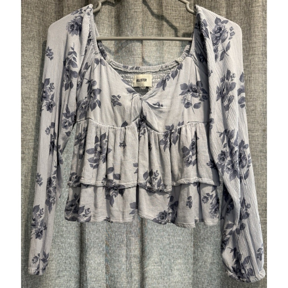 Hollister Juniors Small Blue Floral Babydoll Long Sleeve Crop Blouse Vneck Ruffl